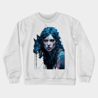 Werewolf Woman and Wolf - Ink and Watercolor Painting Crewneck Sweatshirt